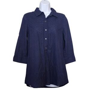 Old Navy Womens Popover Top Size S 8 Navy Eyelet 1/2 Button 3/4 Sleeve